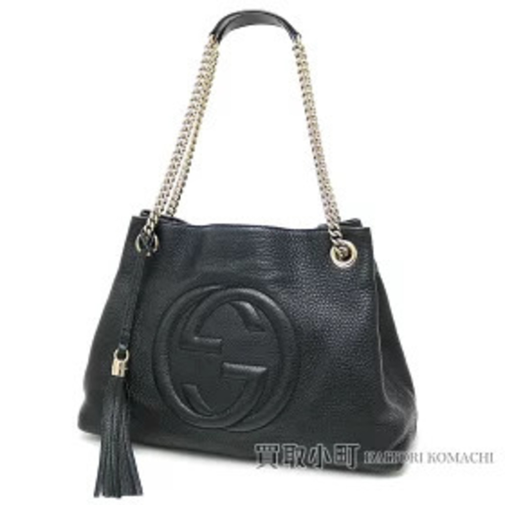Gucci Soho Shoulder Bag Black Calf Leather Tassel Charm Interlocking GG Chain